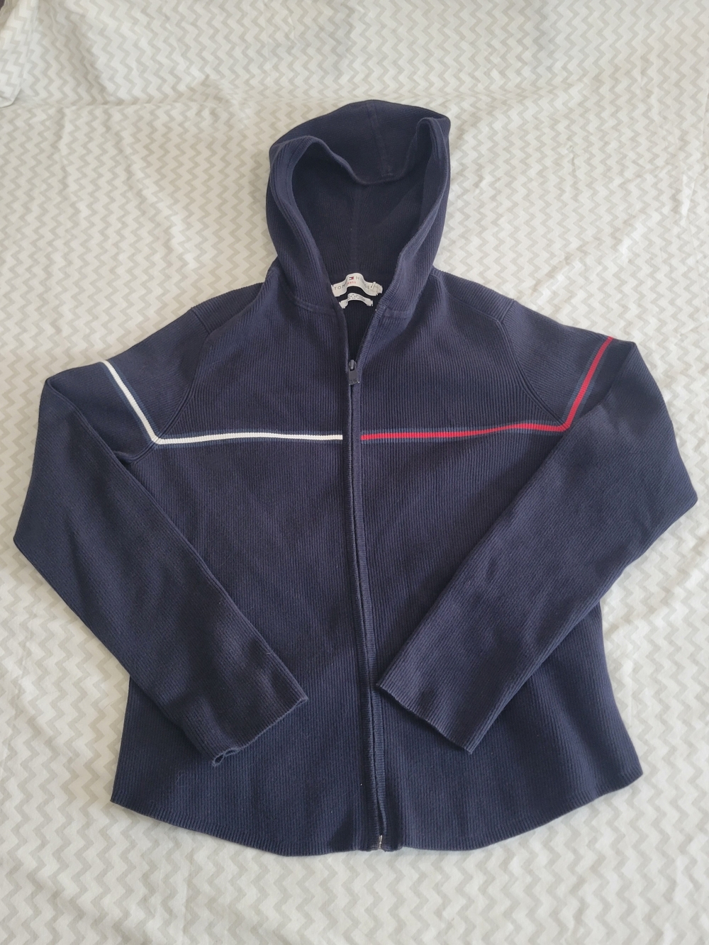 Vintage Tommy Hilfiger Jeans Full Zip Knit Hoodie Navy Blue Striped Womens XL